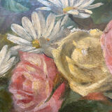 Tableau ancien, nature morte aux roses pâquerettes et fleurs sauvages, signé, début XX siècle