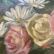 Old painting, still life with daisy roses and wild flowers, signed, early XX century