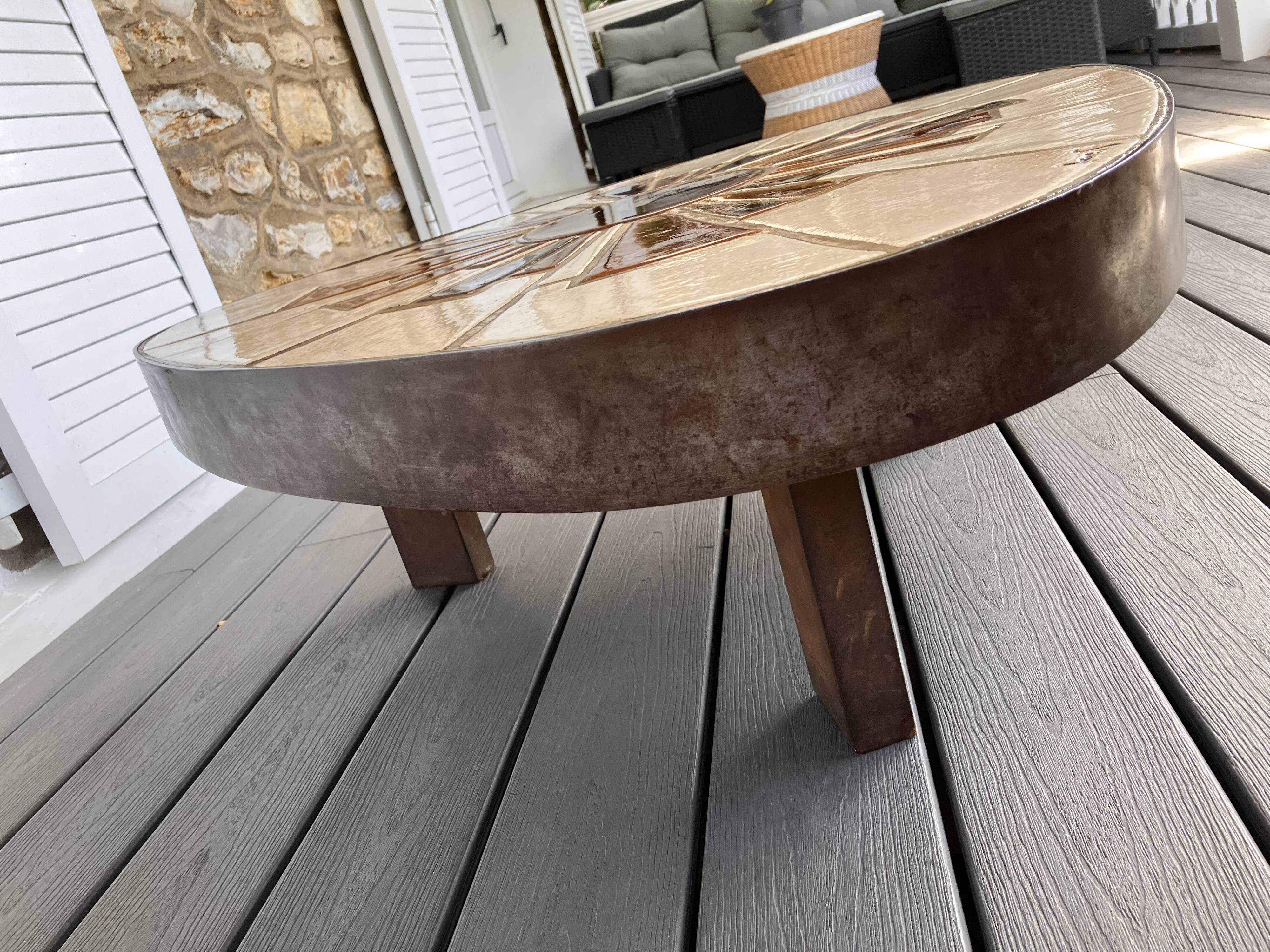 Vintage coffee table in ceramic and metal, signed Barrois.