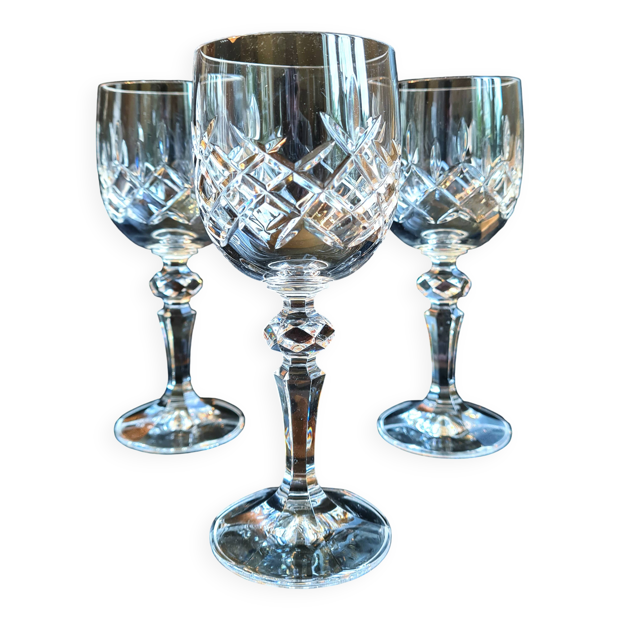 Set of three cut Bohemian Crystal Stemmed Glasses.