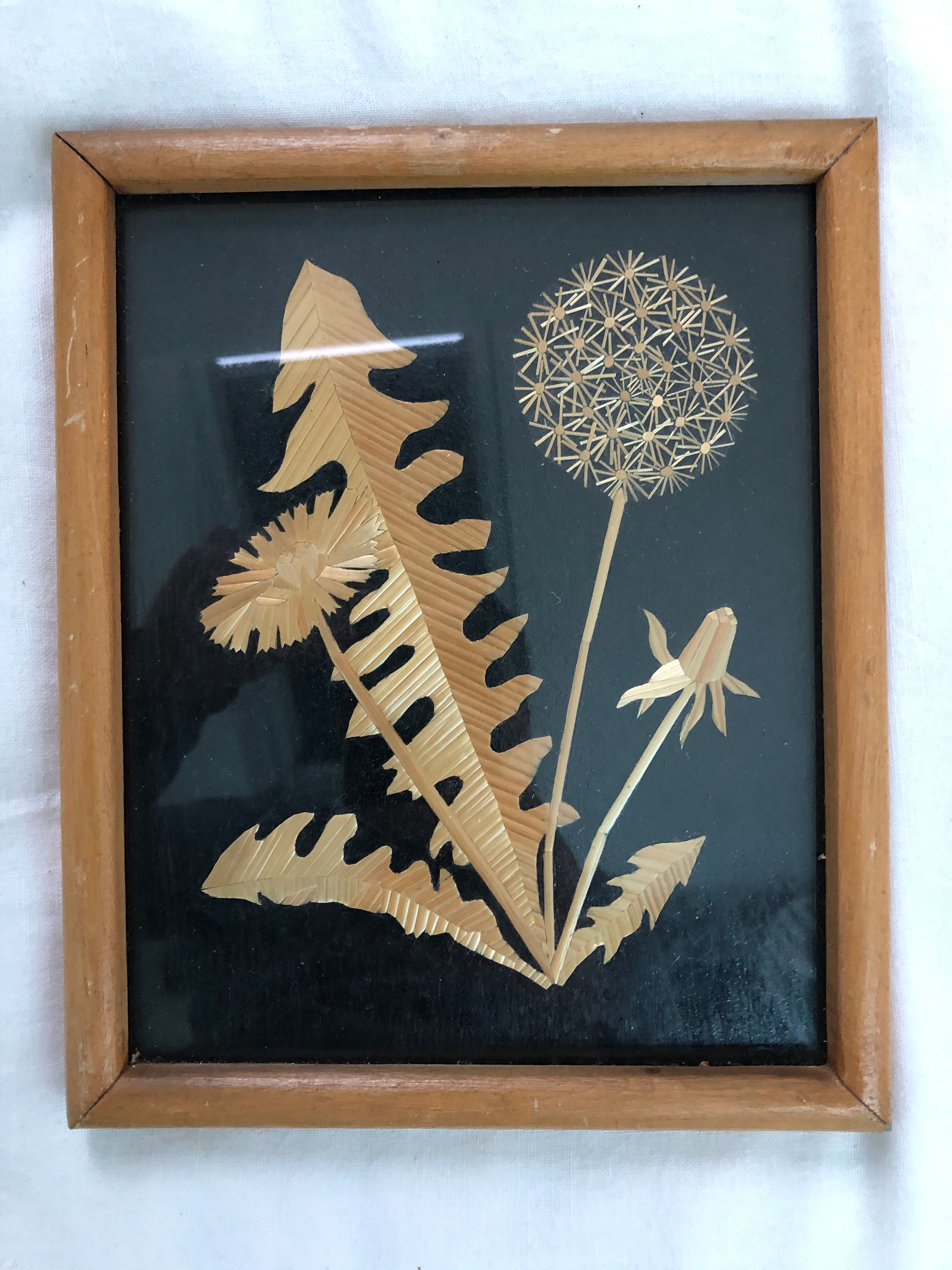 Wooden frame - gold vegetable decoration - golden dandelions
