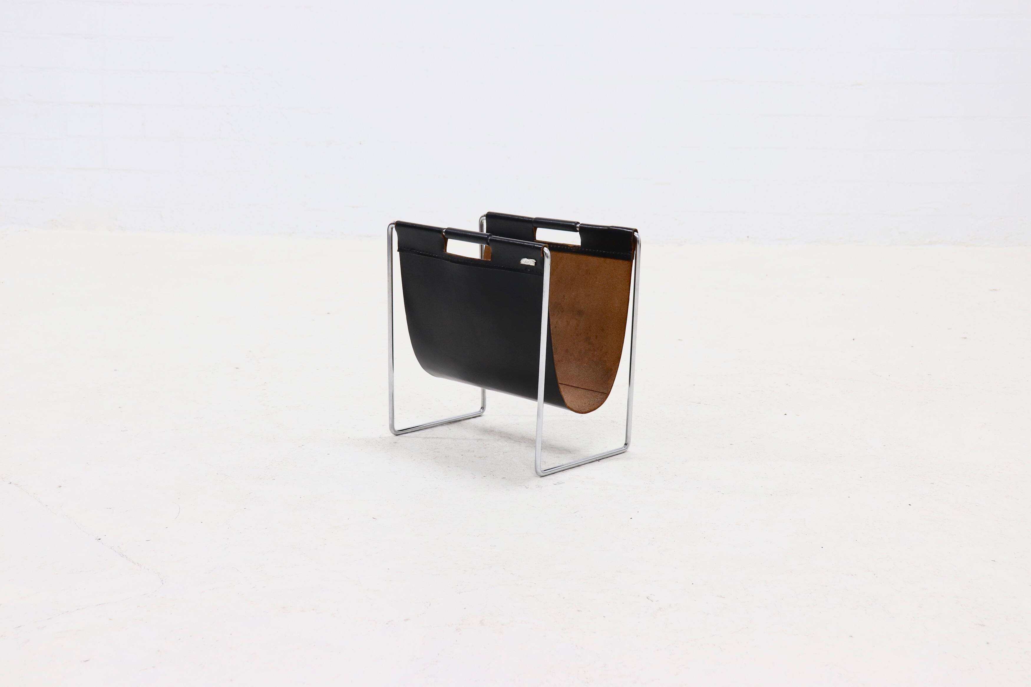 Vintage Brabantia Black Leather & Chrome Magazine Rack 1970s