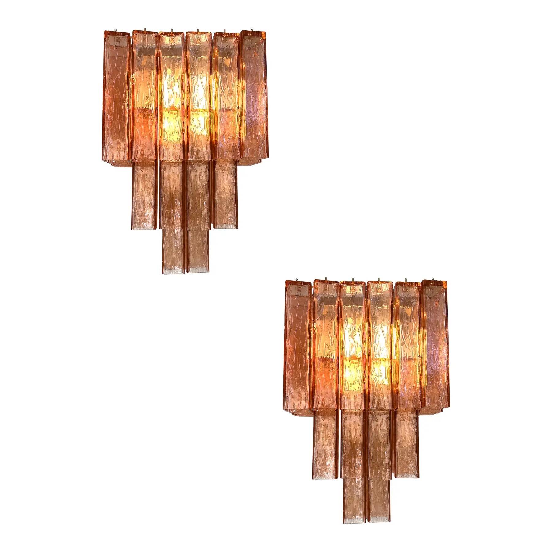 Luxury Italian Amber-Rosè “Squared” Murano Glass Gold Wall Sconces -Set of