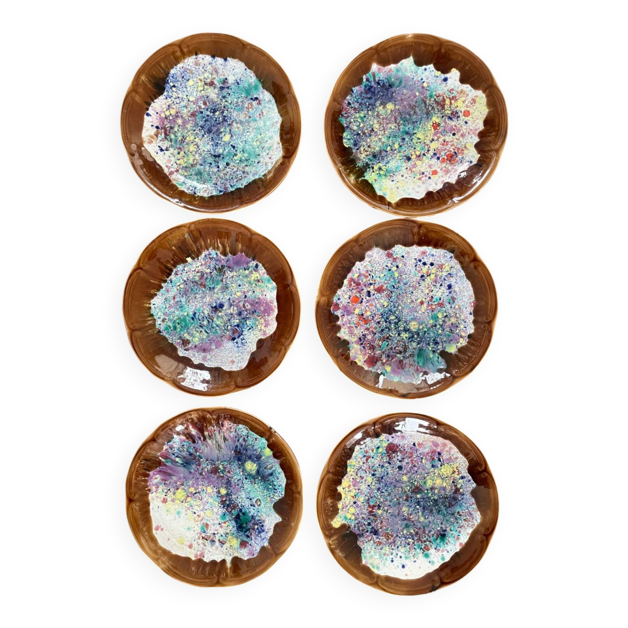 Set of 6 Morvan-signed glazed stoneware dinner plates – ceramics