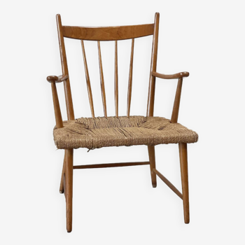Salon / fauteuil hollandais en rotin et chêne des années 1950