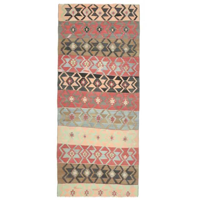 1970s Vintage Turkish Oushak Handmade Wool Cotton Pink Runner Rug 107x255
