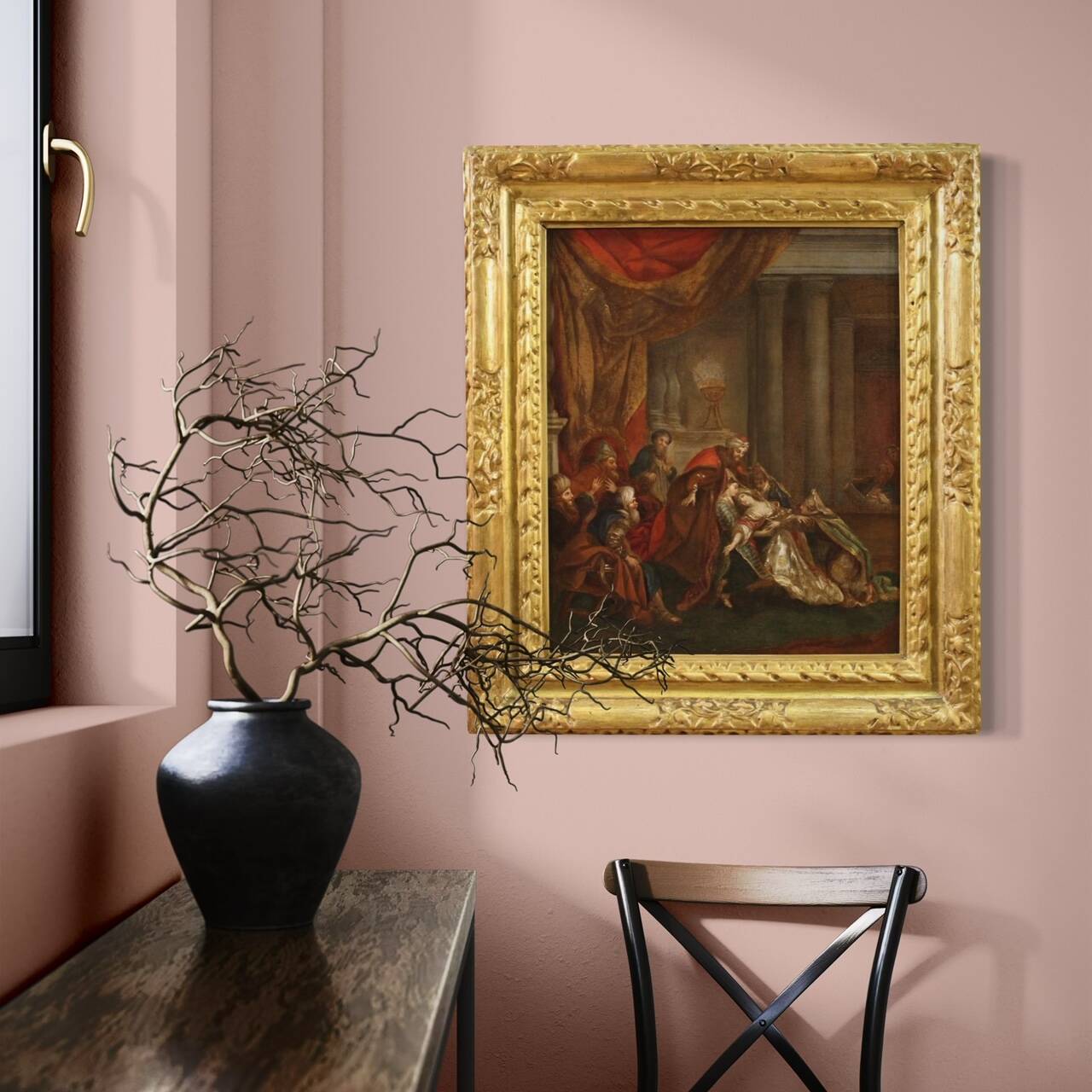 Antique painting from the 18th century, Esther fainting before Ahasuerus