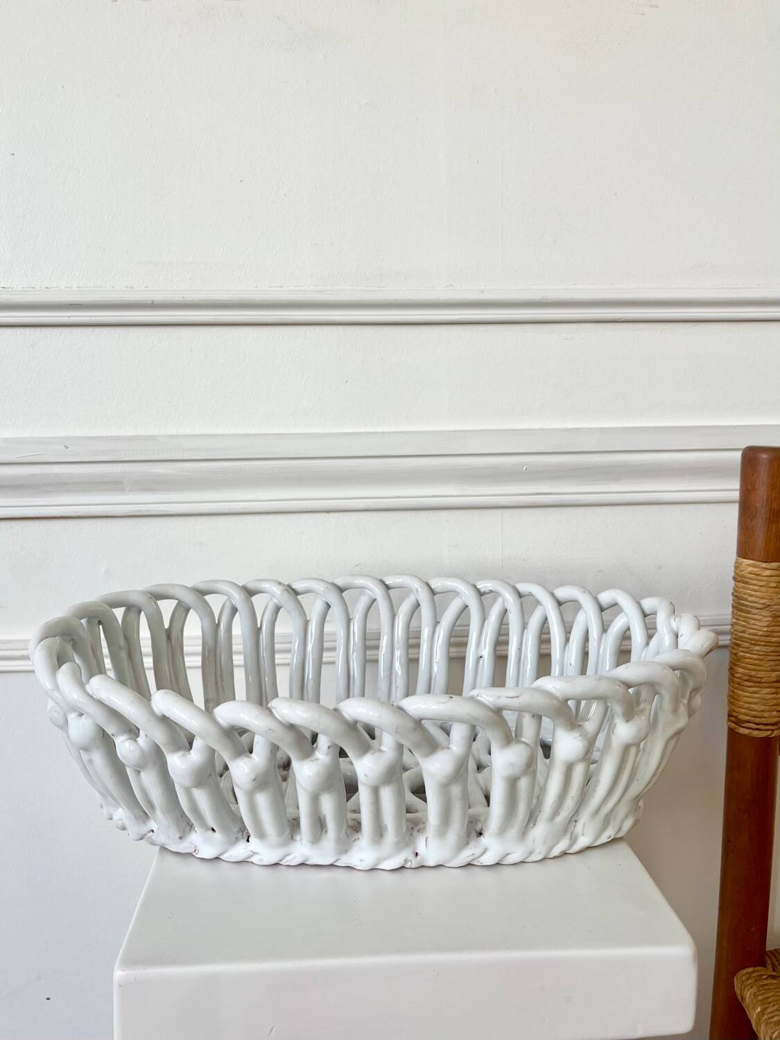 Woven white ceramic fruit bowl