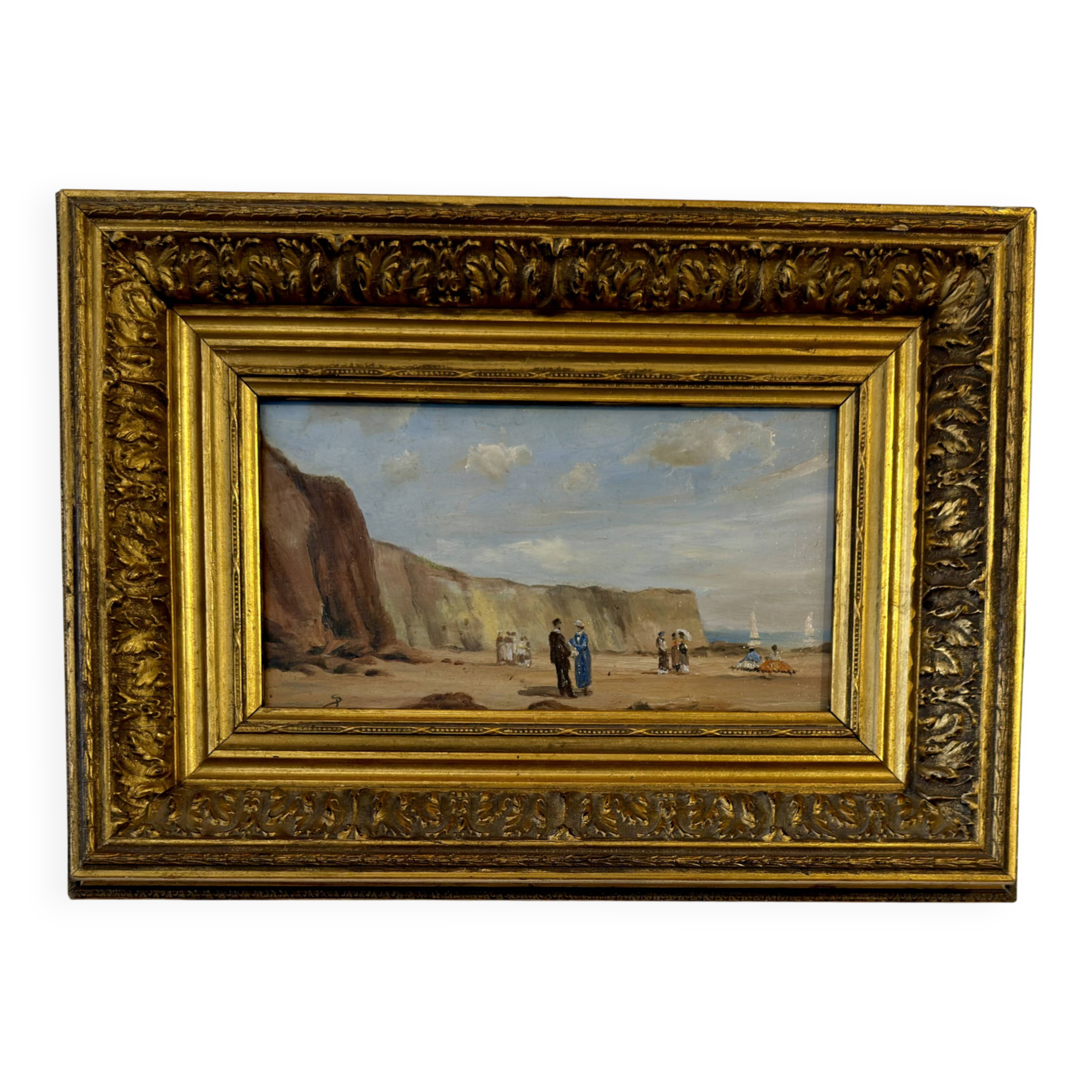 Oil on wood – Beach scene with cliffs – signed SP