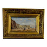 Oil on wood – Beach scene with cliffs – signed SP