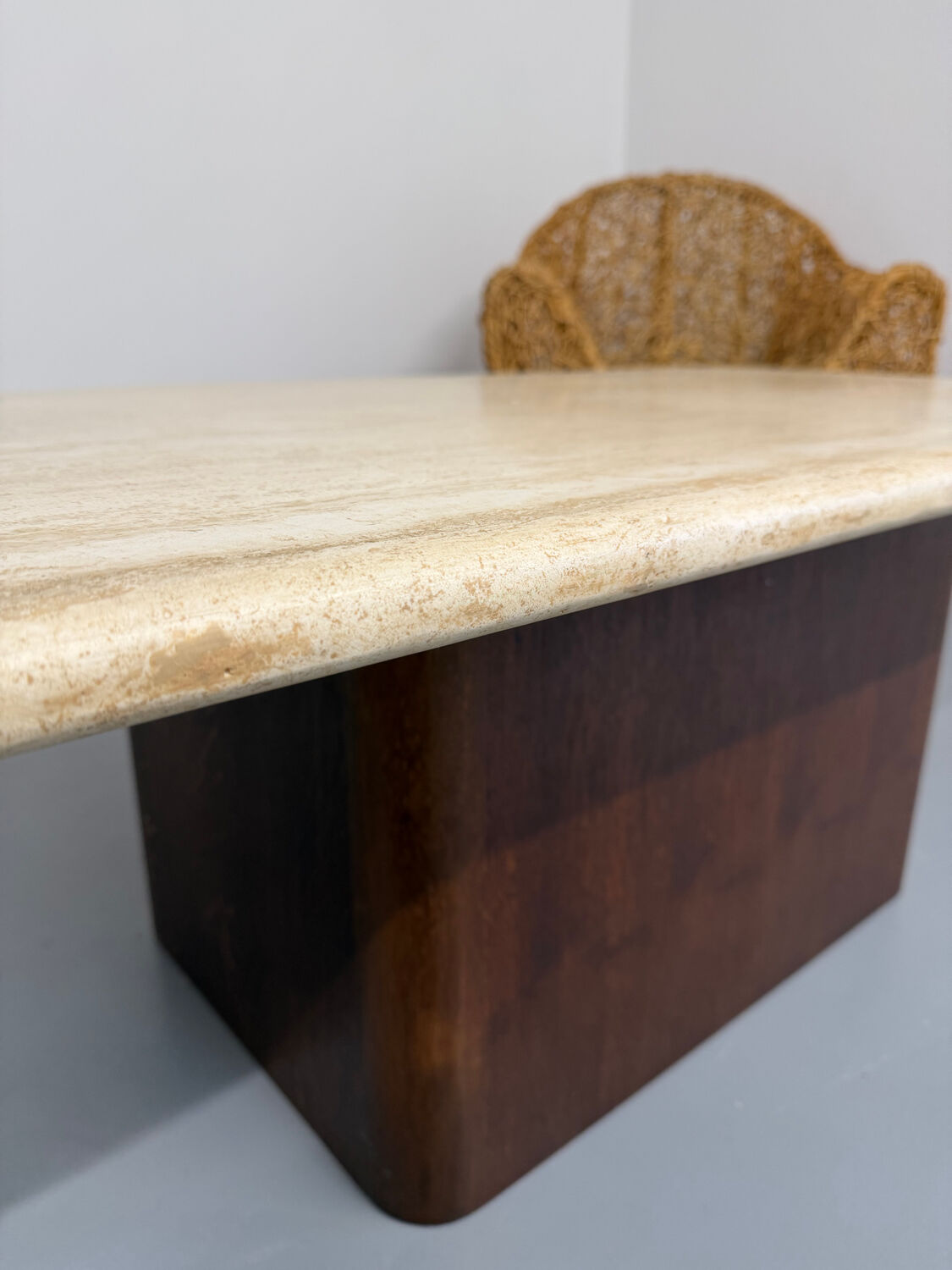 Travertine coffee table with wooden legs, Italian design from the 1970s, vintage.