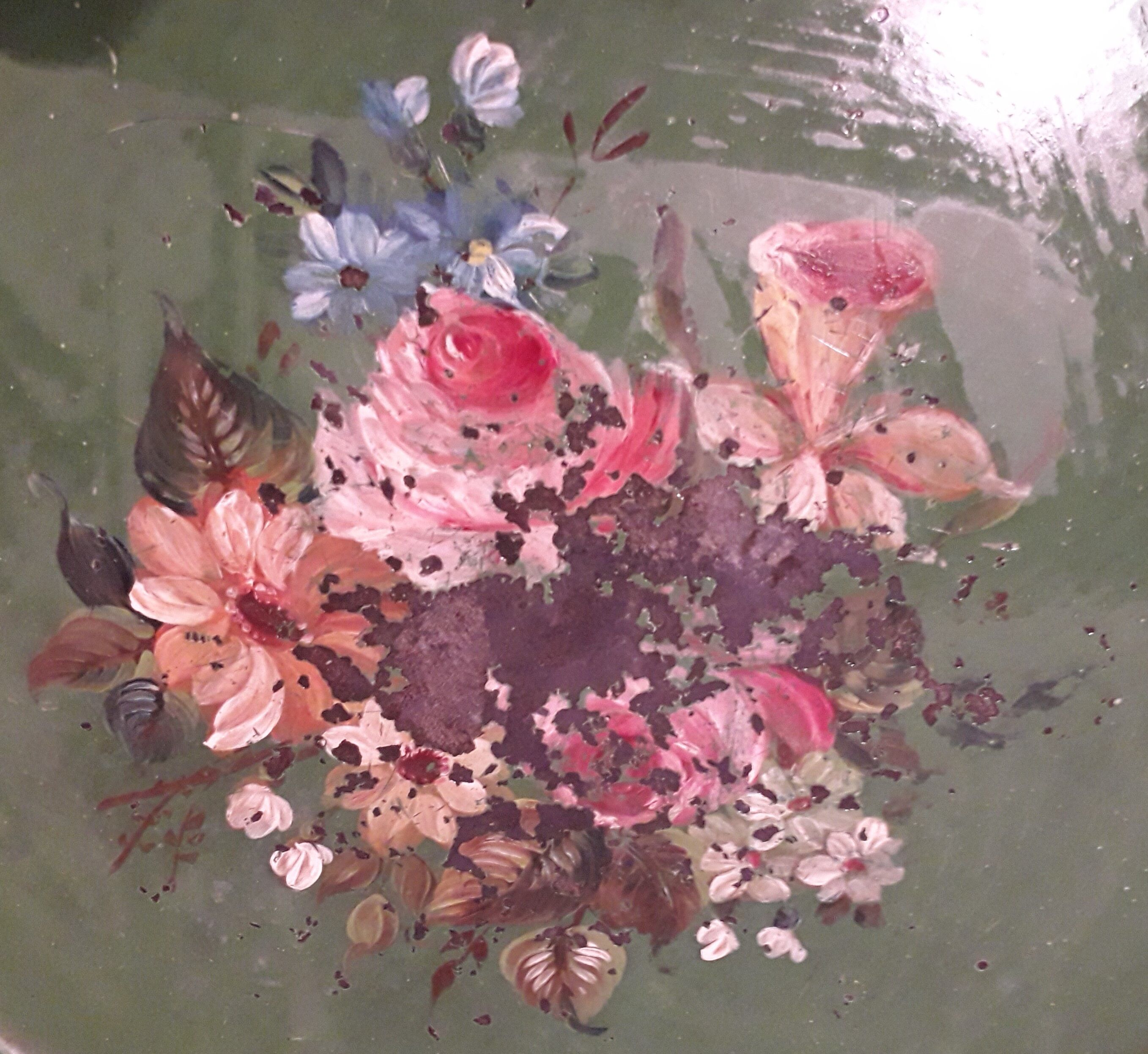 Plateau rond tôle peinte décor de fleurs 19ème siècle