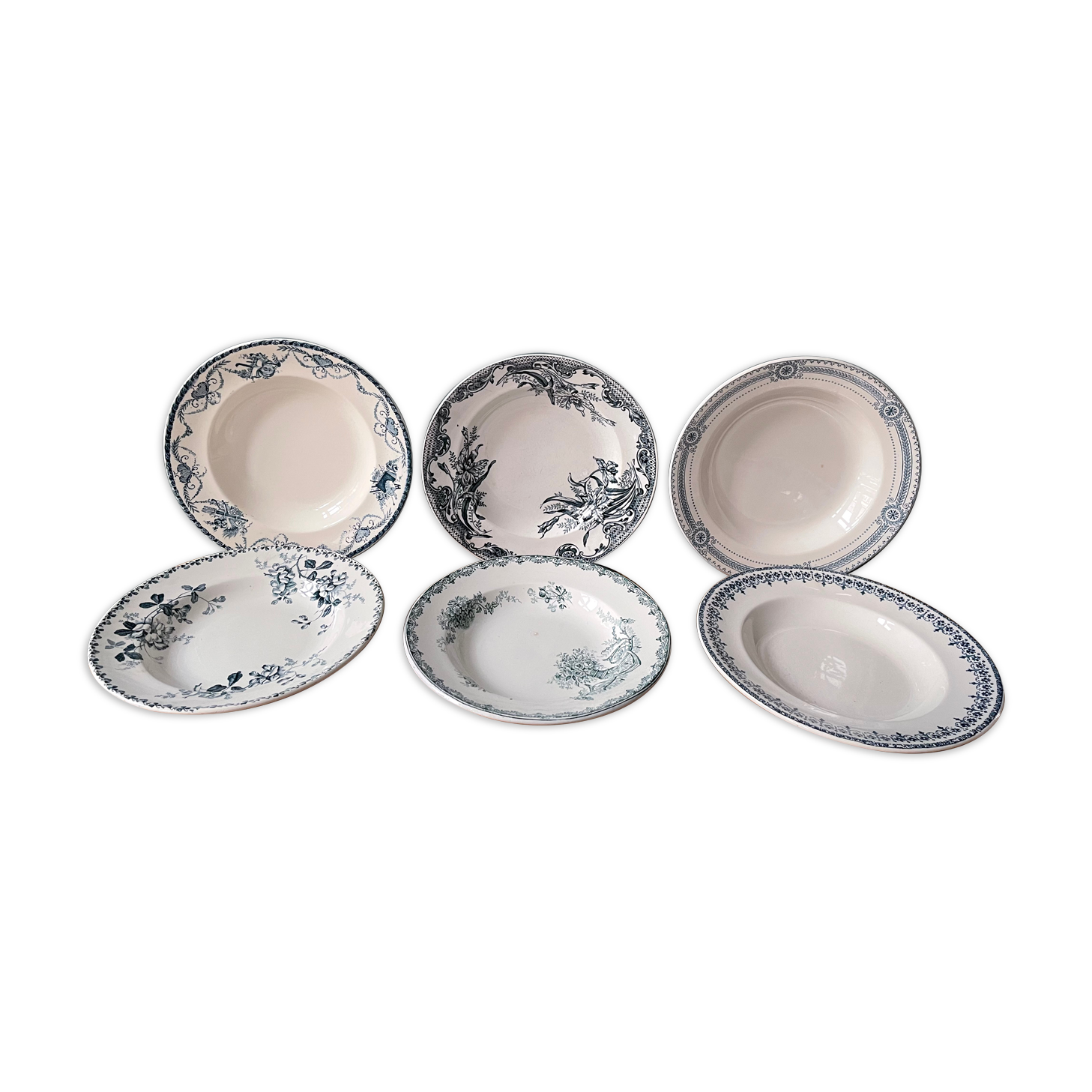 Set of 6 old Hollow Plates Earth of Iron mismatched