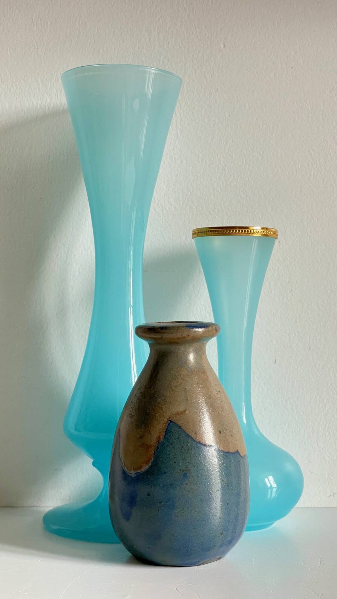 3 VASES Bleu Océan Grès et Verre OPALIN Vintage