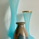 3 VASES Bleu Océan Grès et Verre OPALIN Vintage