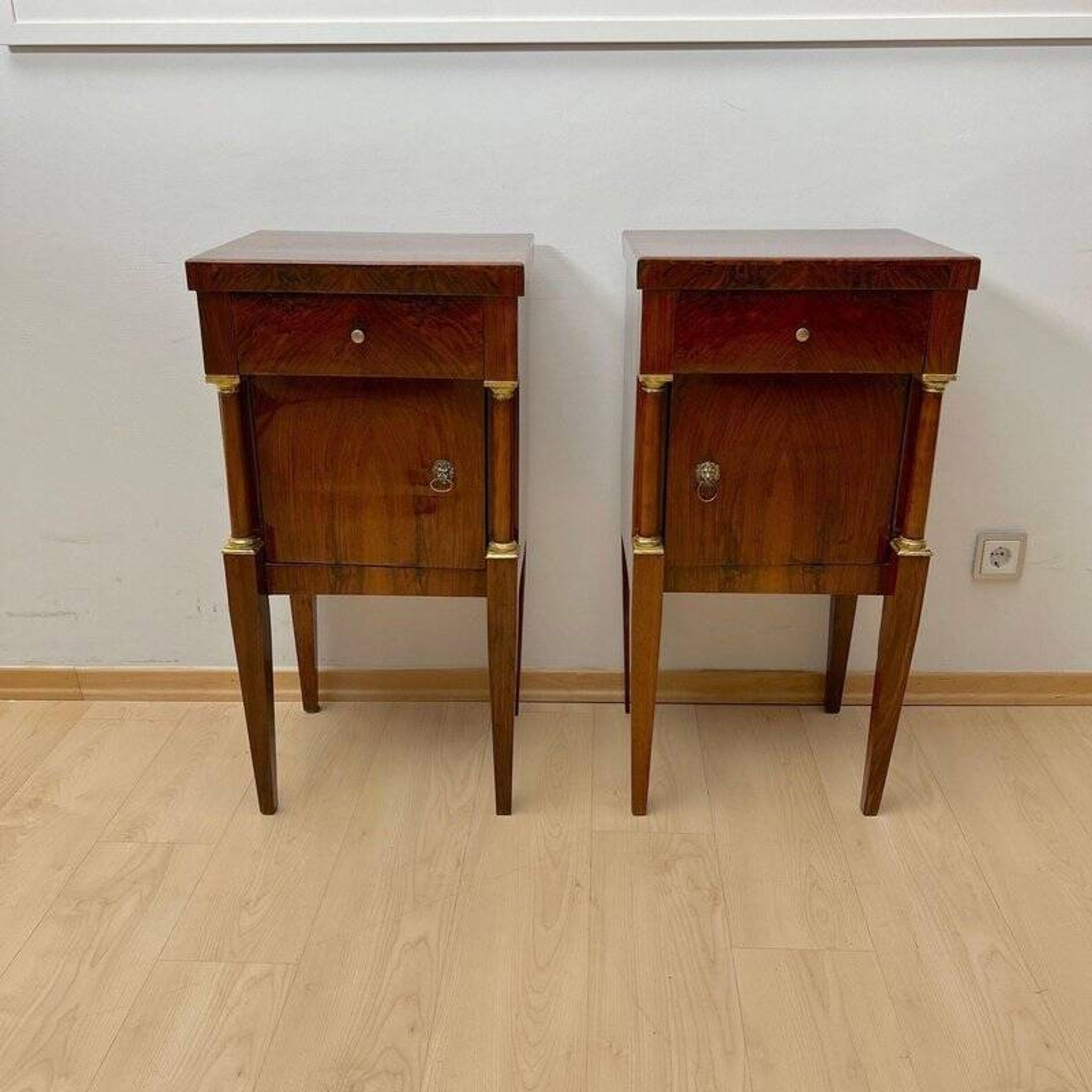 Empire Nightstands in Walnut with Full Columns in Gilt Brass, Italy, 1810, Set of 2