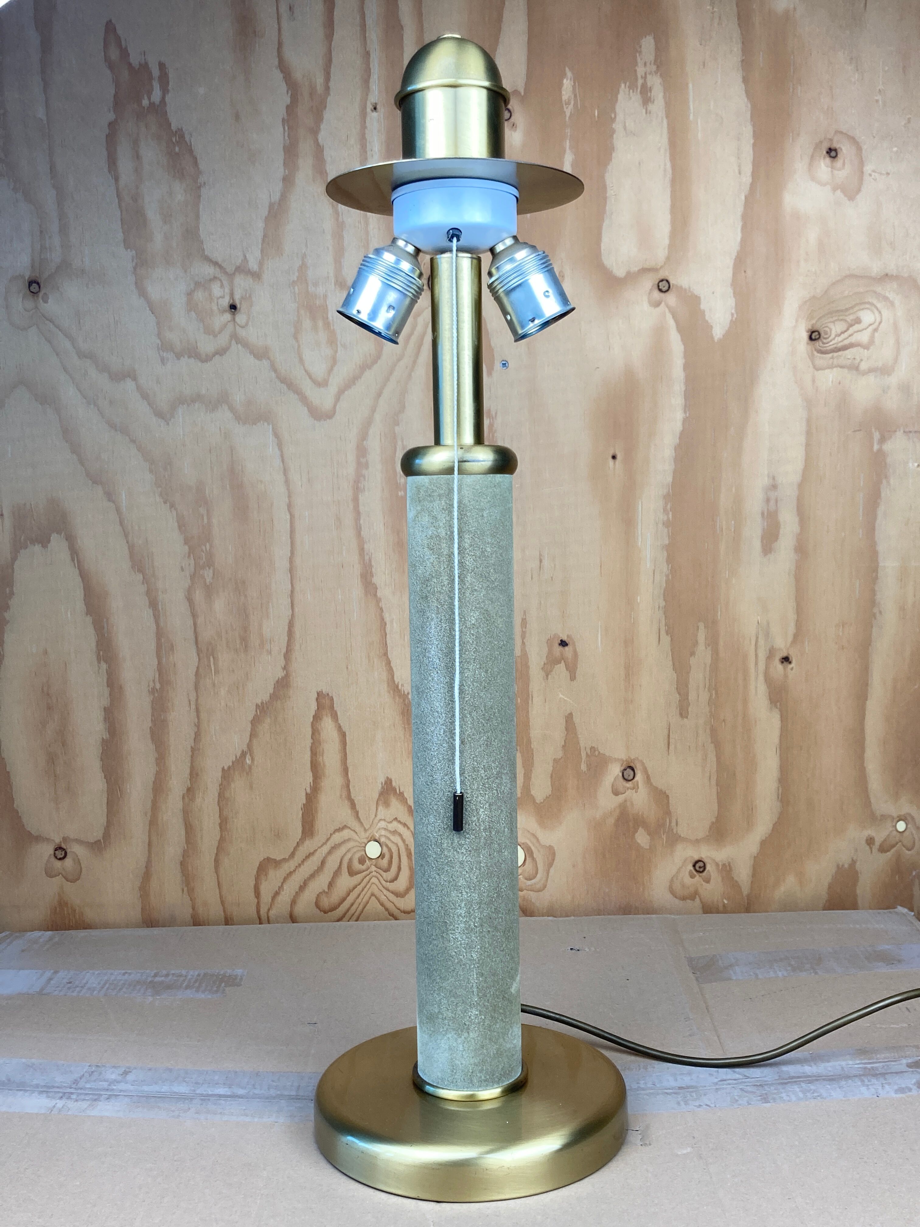 Sea grass green leather suede and brass large table lamp, 1970s