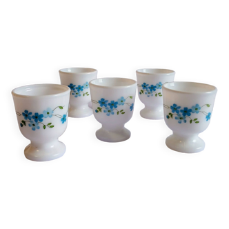 Set of 5 arcopal opaline egg cups myosotis veronica 70s vintage