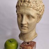 Bust of Hermes in patinated plaster on brown marble base, 34 cm