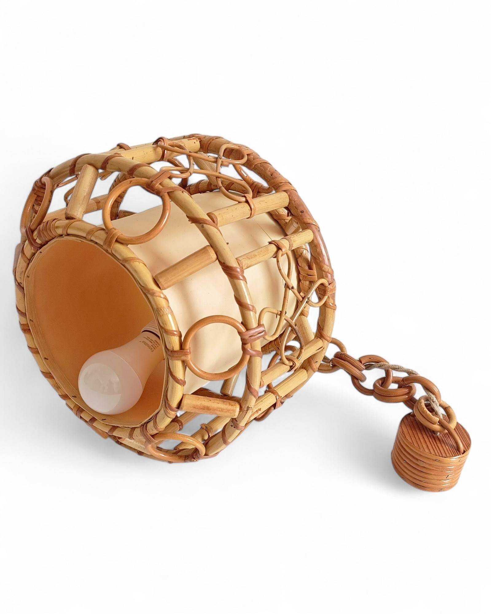 1960s Hand-Crafted Mid-Century Bamboo and Rattan Pendant Lamp, France