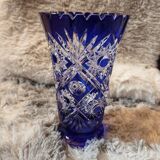 Bohemian vase in cut crystal with blue overlay.