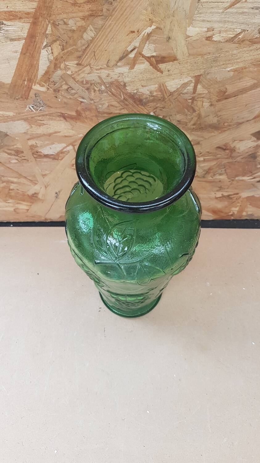 Old green molded glass vase vintage grape cluster decor
