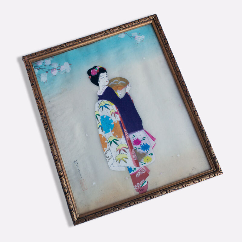 Peinture sur soie (Geisha japonaise) asiatique, Jeune femme en kimono & éventail, vintage rare