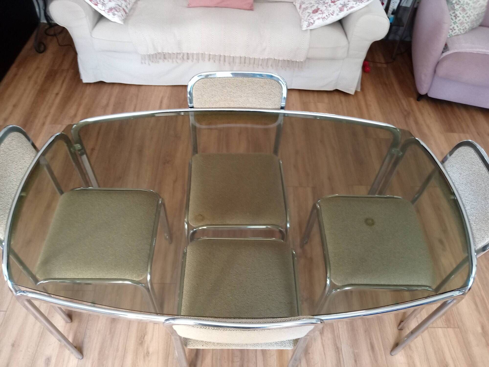 Table and 4 70s chairs chrome base and smoked glass tray chairs green water fabric