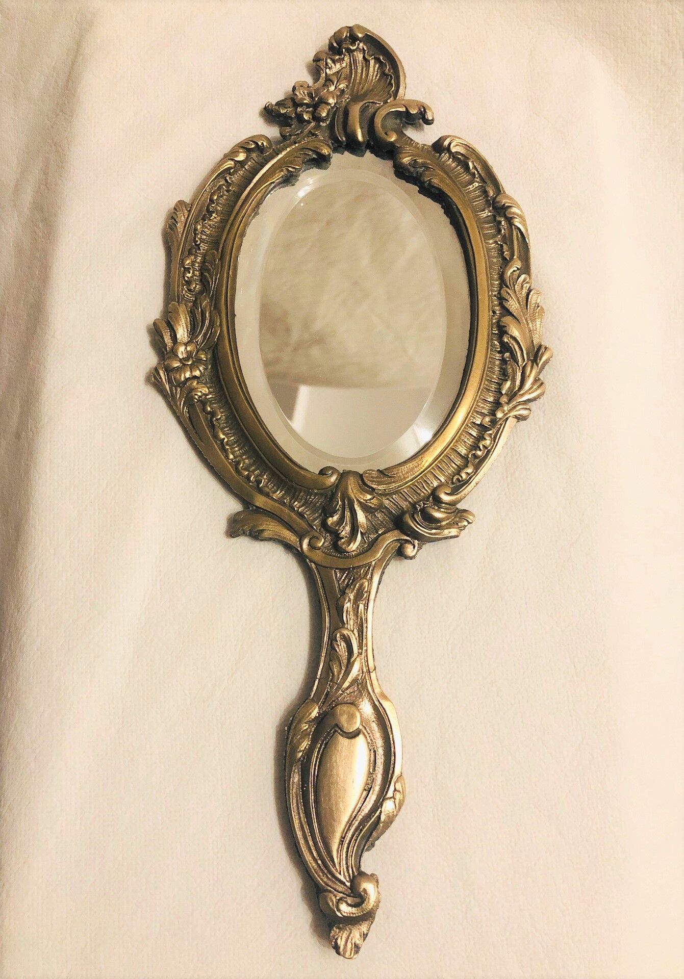 19th-style louis XV gilded bronze beveled hand mirror