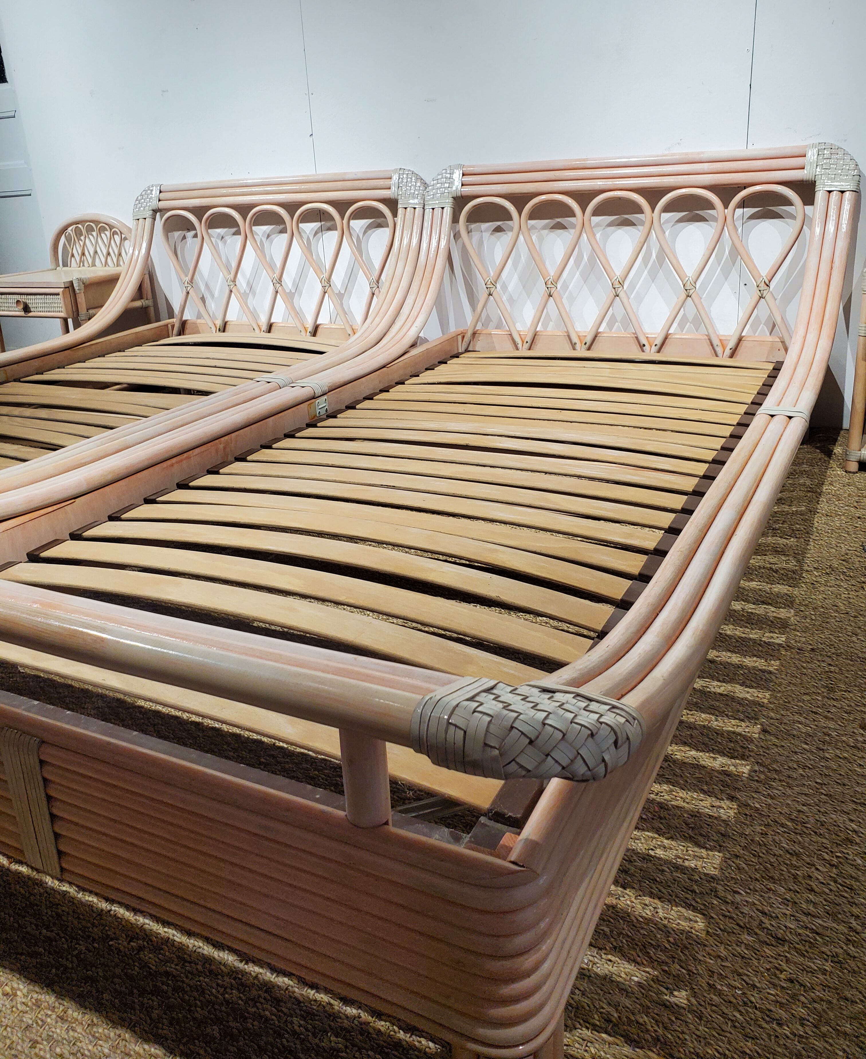 Pink rattan bed and bedside table set