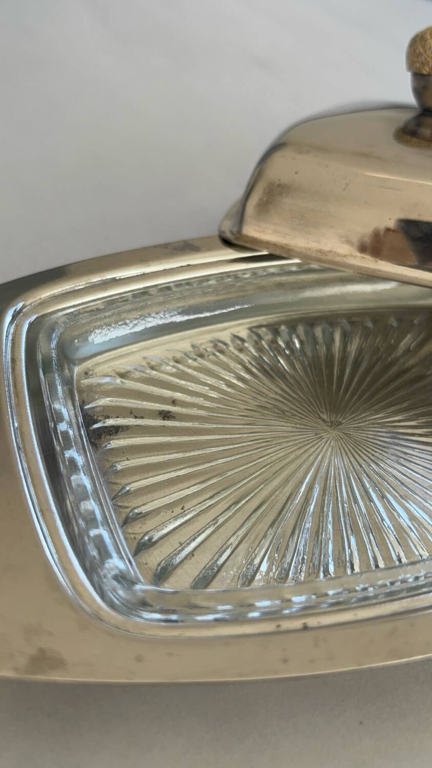 Vintage silver-plated butter dish with golden hazelnut - retro elegance