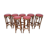 Lot de 7 tabourets de bar en bois courbé assise skaï rouge