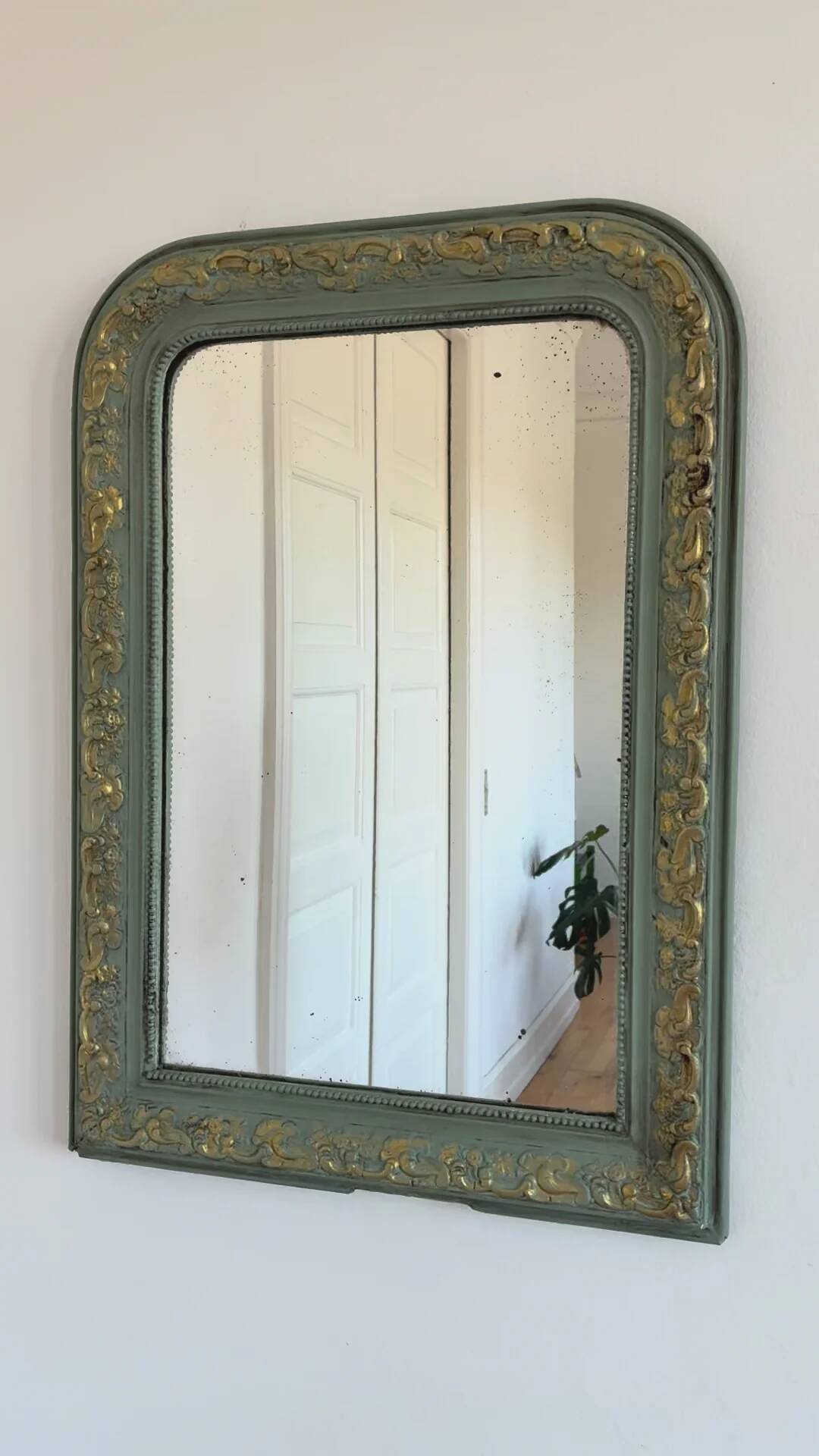 Large antique French Louis Philippe mirror – green and gold, late 19th century
