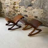Set of 2 wooden and studded leather footrests