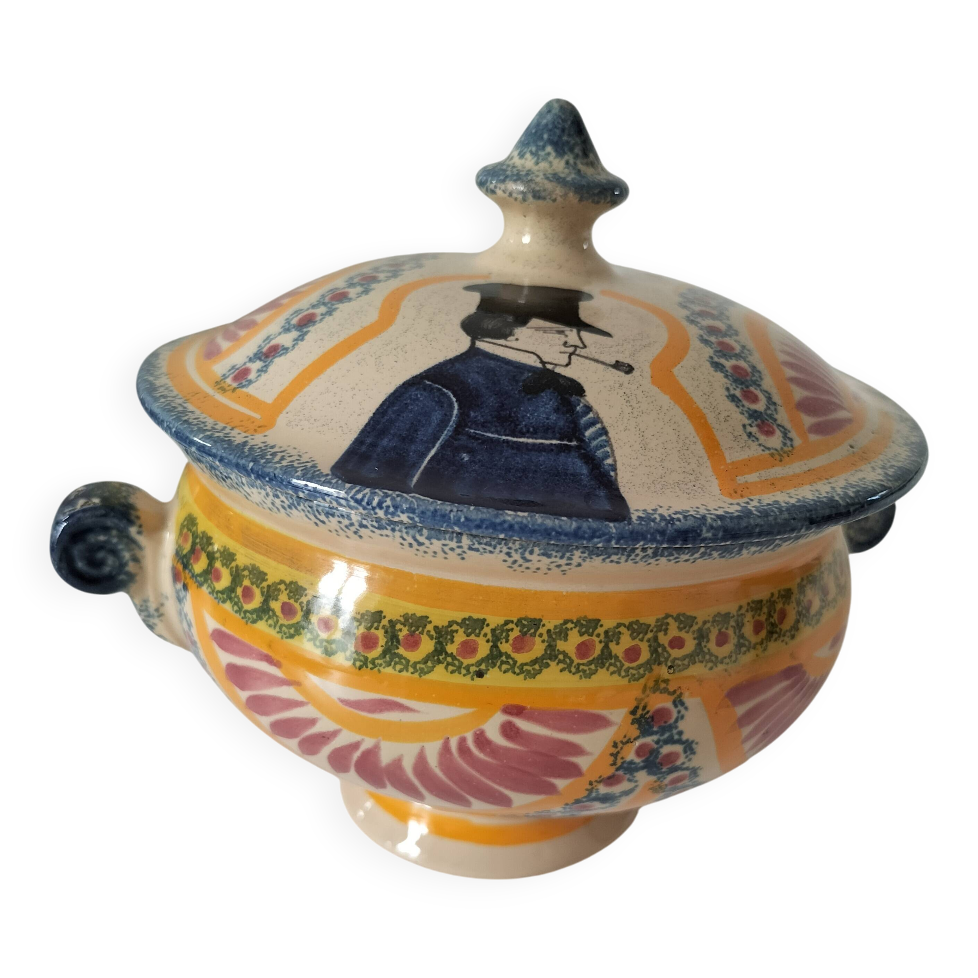 Rare old Quimper candy box decorated with pink basket and Breton portrait