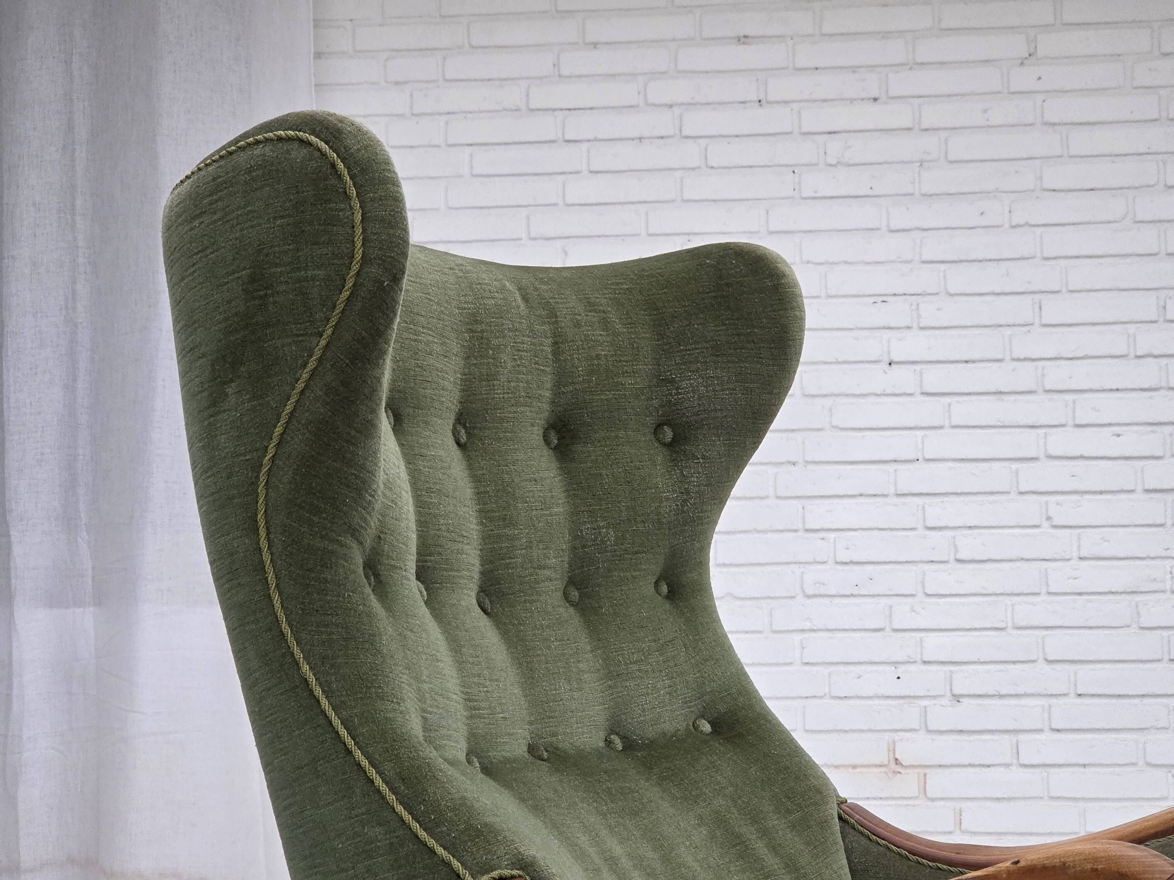 1960s, Danish highback armchair, green furniture velour, teak wood.