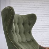 1960s, Danish highback armchair, green furniture velour, teak wood.