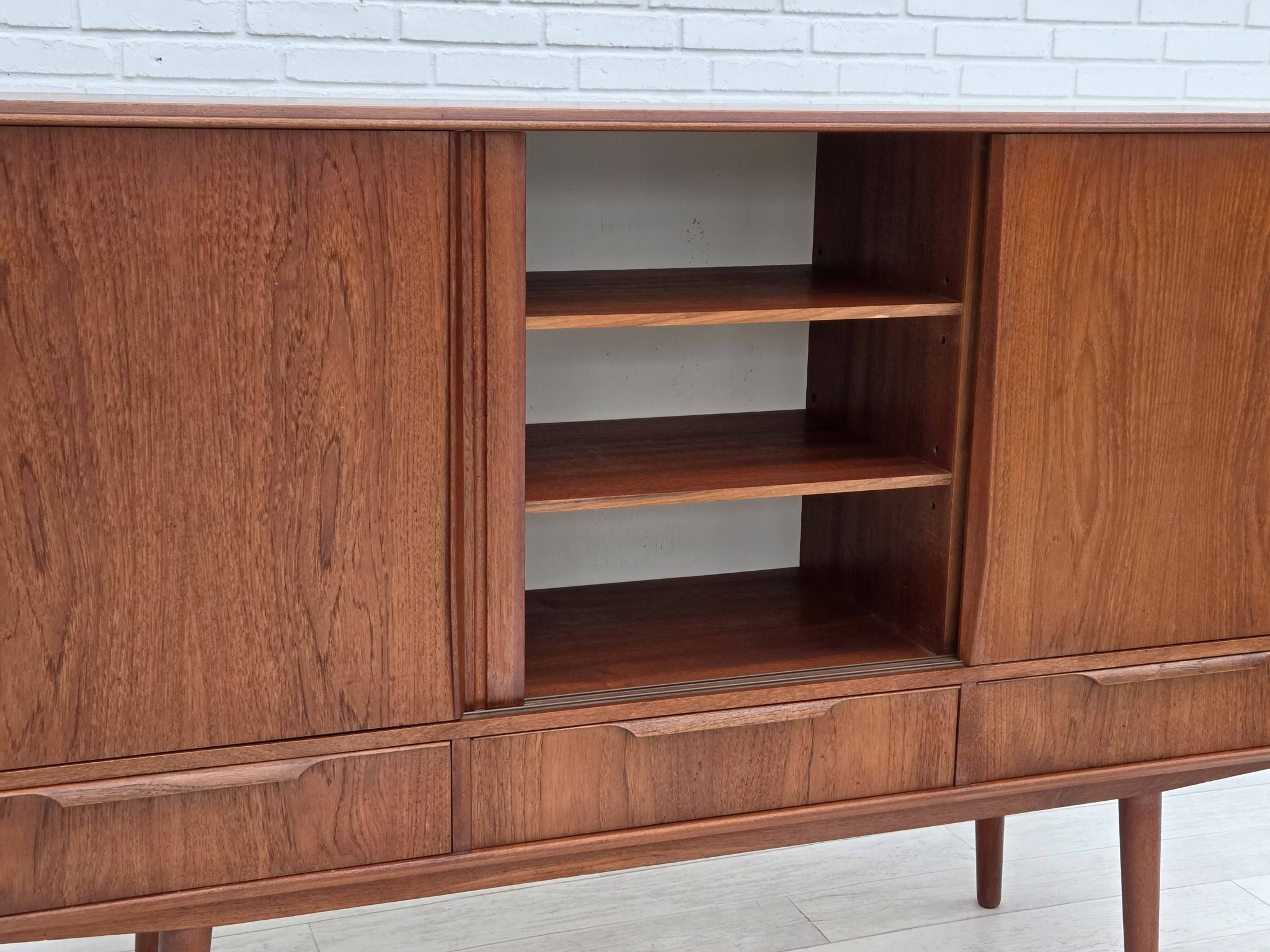 1960s, Danish chest of drawers, teak wood, mirror inside, sliding doors.