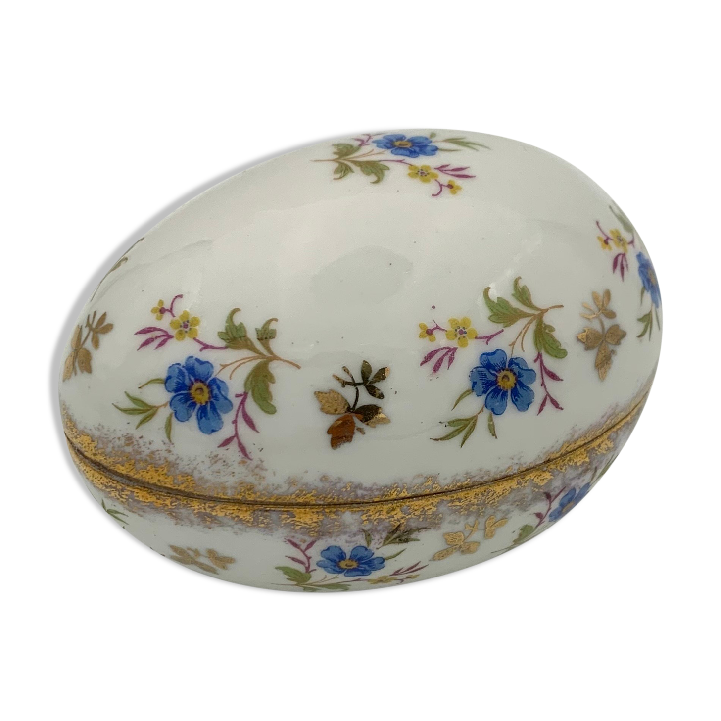Vintage box in Limoges porcelain, egg shape, floral decoration - twentieth century