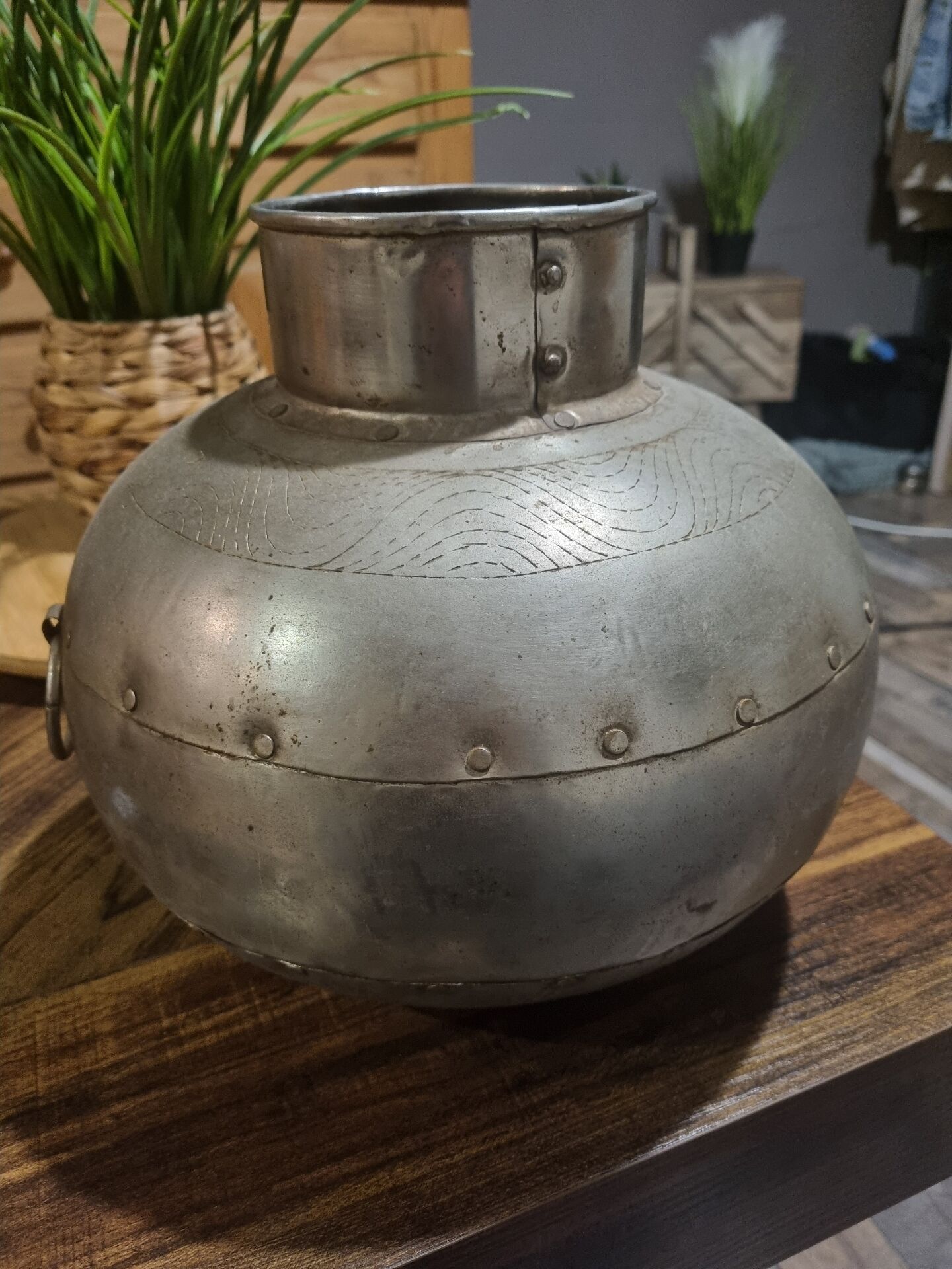 antique Indian brass tin-plated water pot vintage from Rajasthan