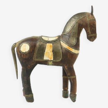 Vintage Marwari Horse Carved Wood Inlaid with Bone and Copper 26cm