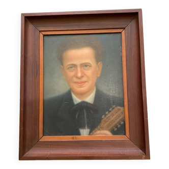 PORTRAIT OF A MAN AND HIS GUITAR OIL PAINTING 1940S