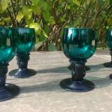 Six Roemer glasses in green blown crystal with "pastilles" decoration