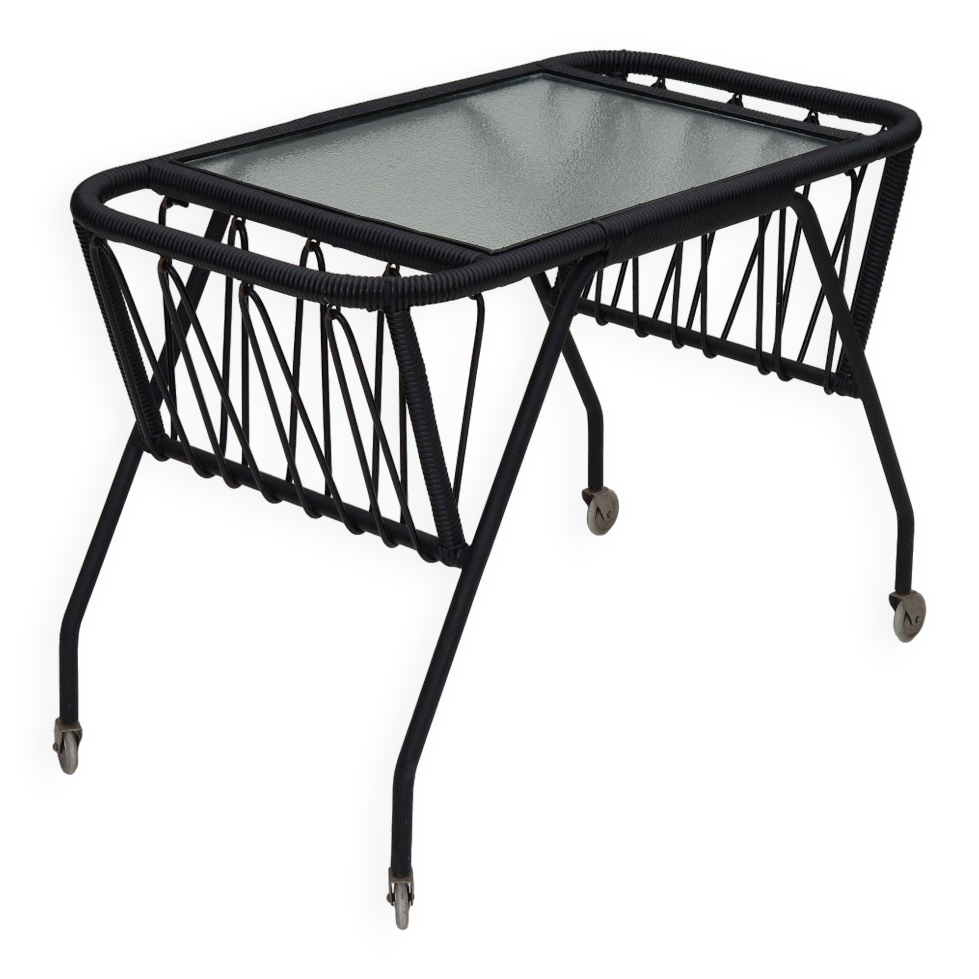 1970s, Scandinavian side table, original condition, glass, wood, metal, plastic rope.