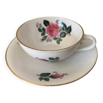 Porcelain cup with pink rose and golden edge