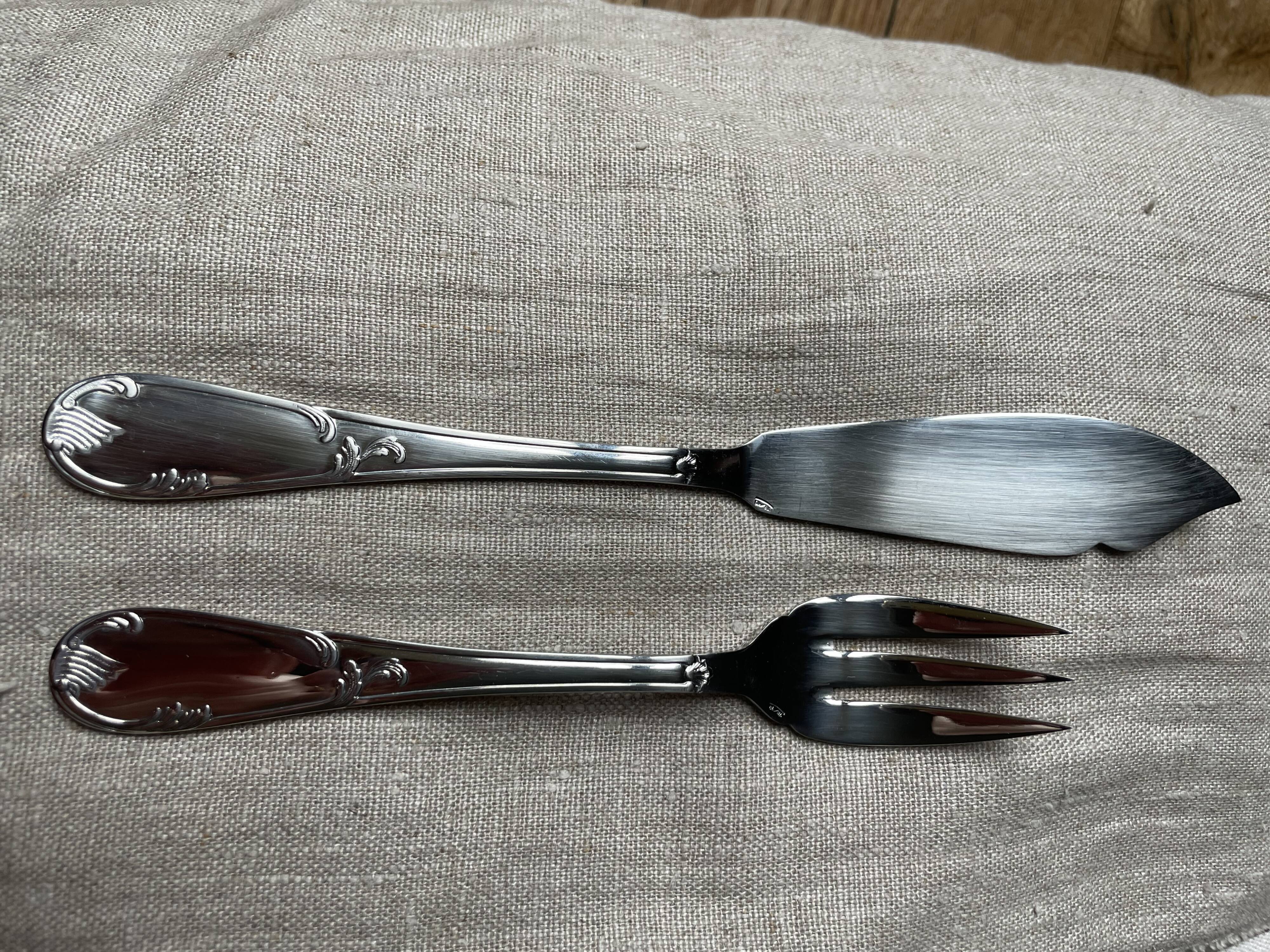 Vintage toile de Jouy cutlery set for 12 fish forks, stainless steel 18/10, like new.