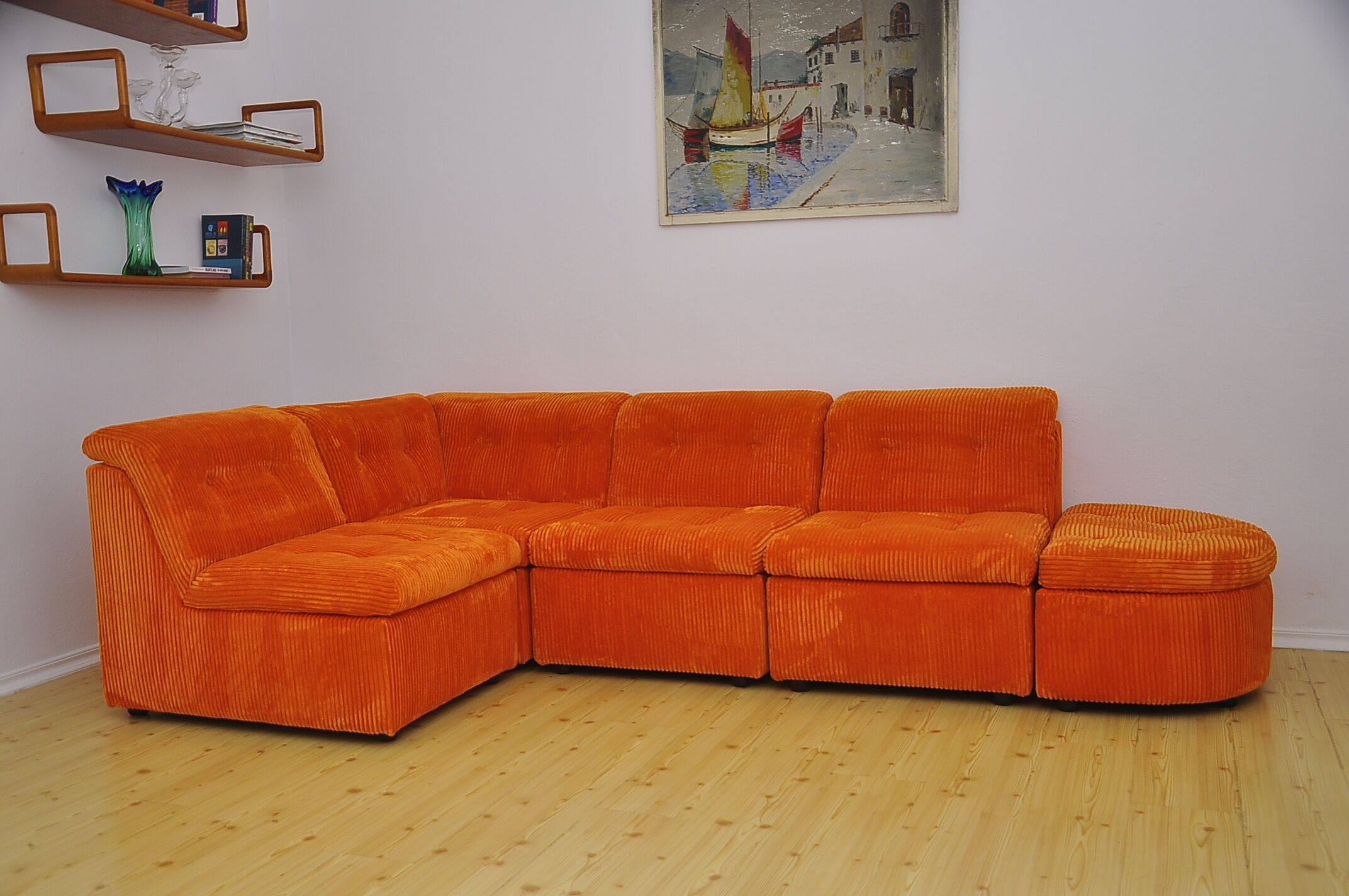 Orange corduroy modular sofa, 70s