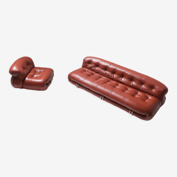 Vintage Soriana set in red leather by Afra e Tobia Scarpa for Cassina Italy