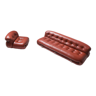 Vintage Soriana set in red leather by Afra e Tobia Scarpa for Cassina Italy