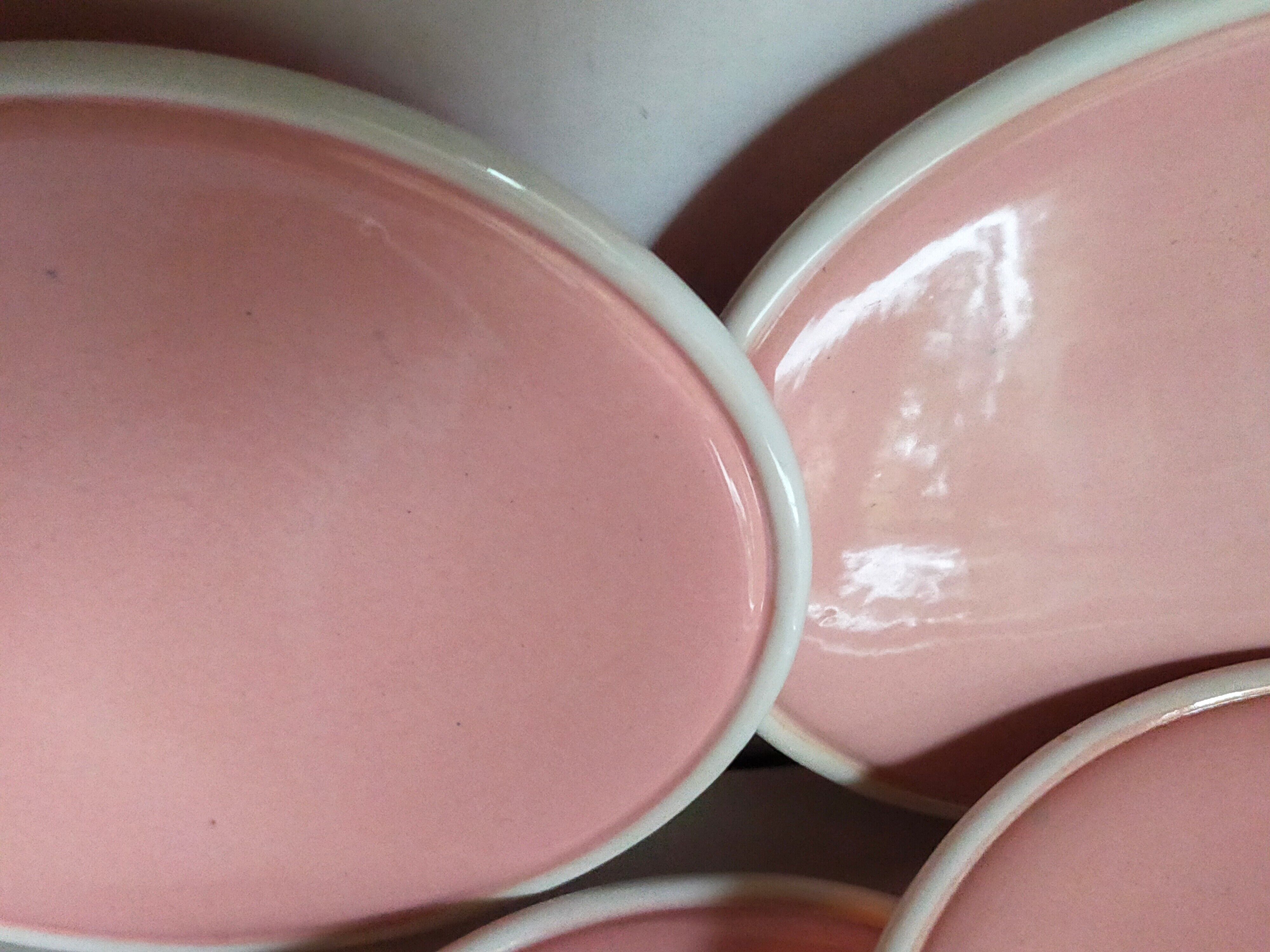 Six old pink earthenware dessert plates